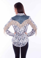 PRINT BLOUSE W/BACK FRINGE