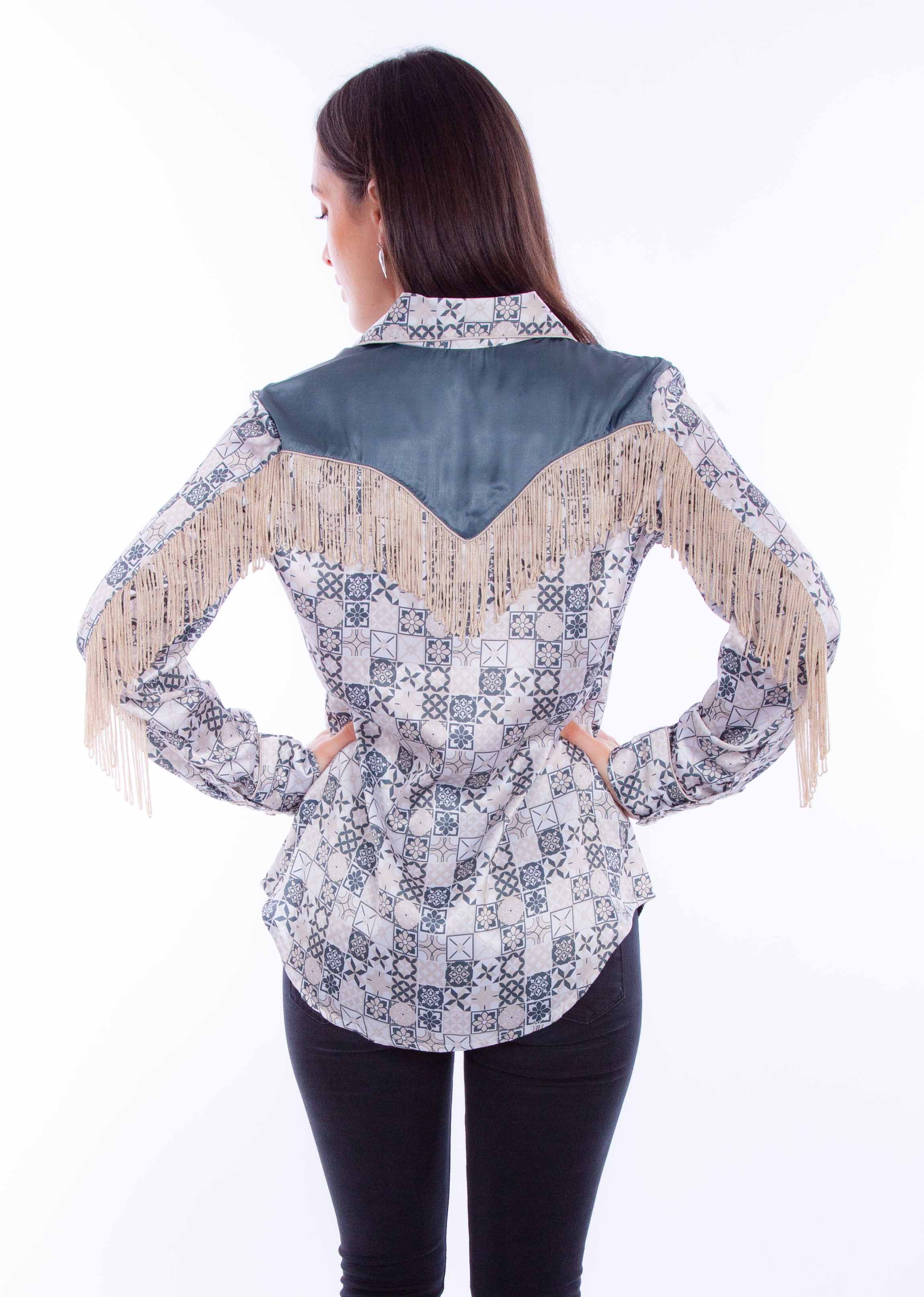 PRINT BLOUSE W/BACK FRINGE
