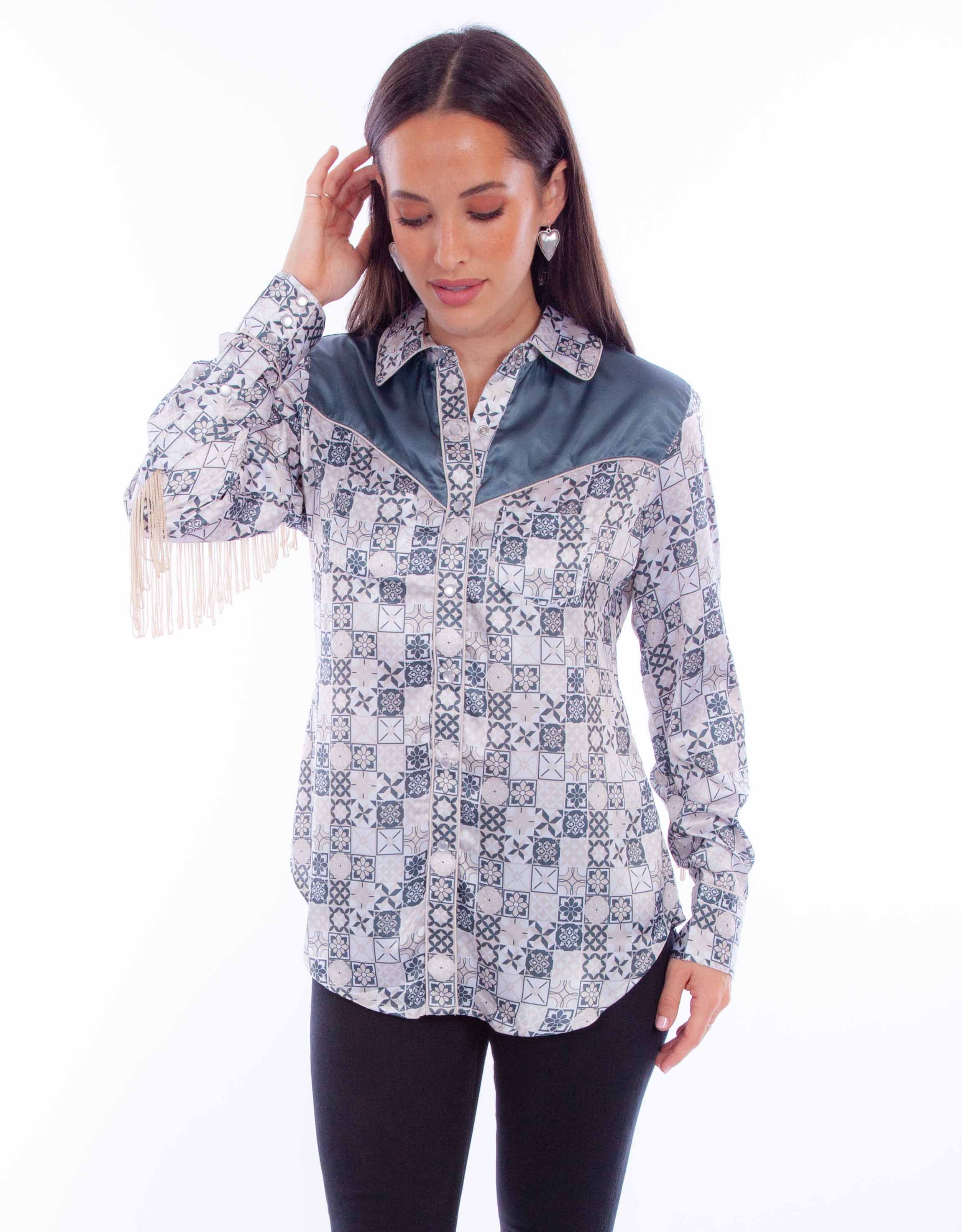 PRINT BLOUSE W/BACK FRINGE