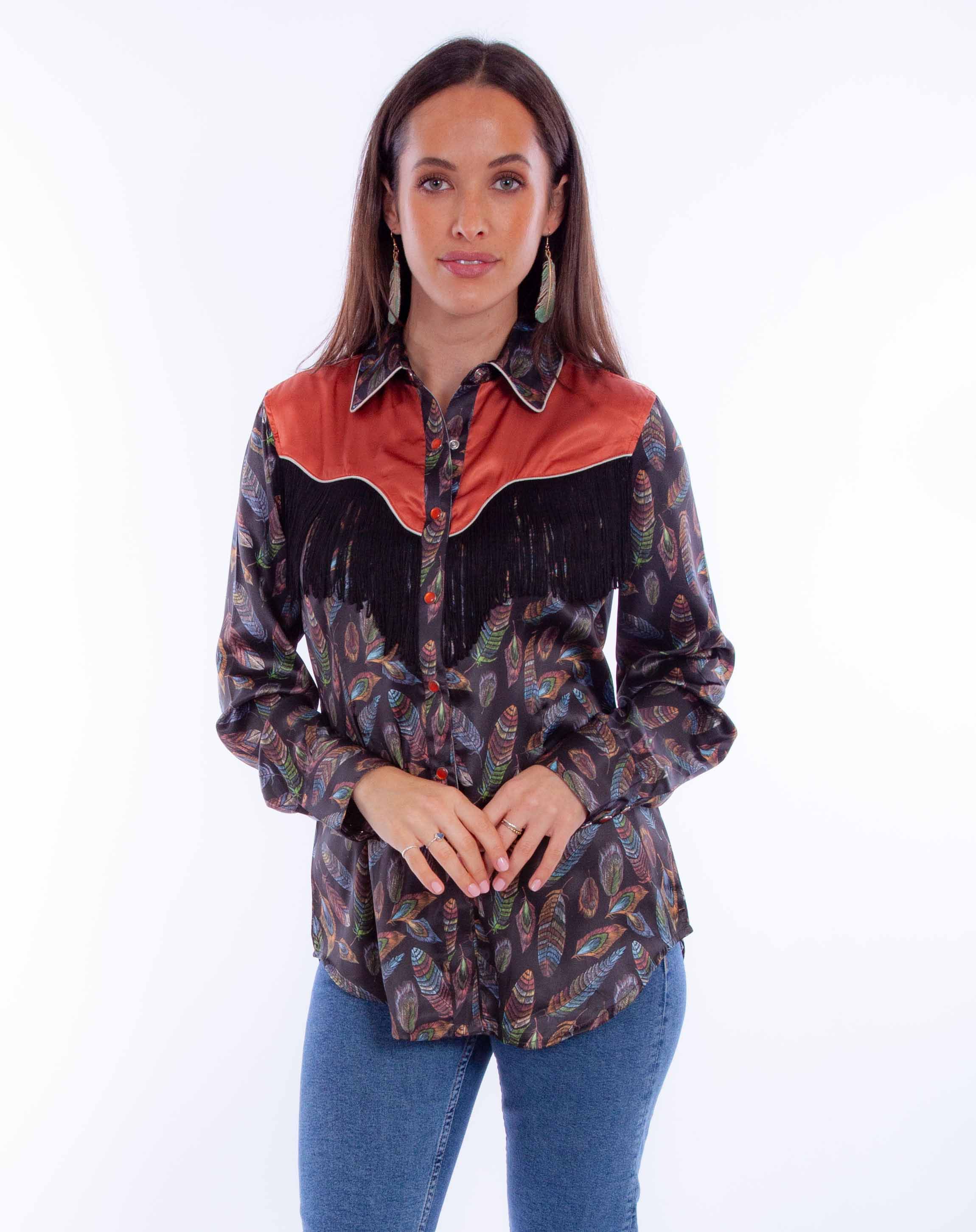 FEATHER PRINT W/FRINGE & CONT. YOKE