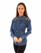 DENIM BLOUSE W/JACQUARD CONTRAST