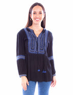 TIE FRONT EMB BLOUSE W/EMB SLEEVES