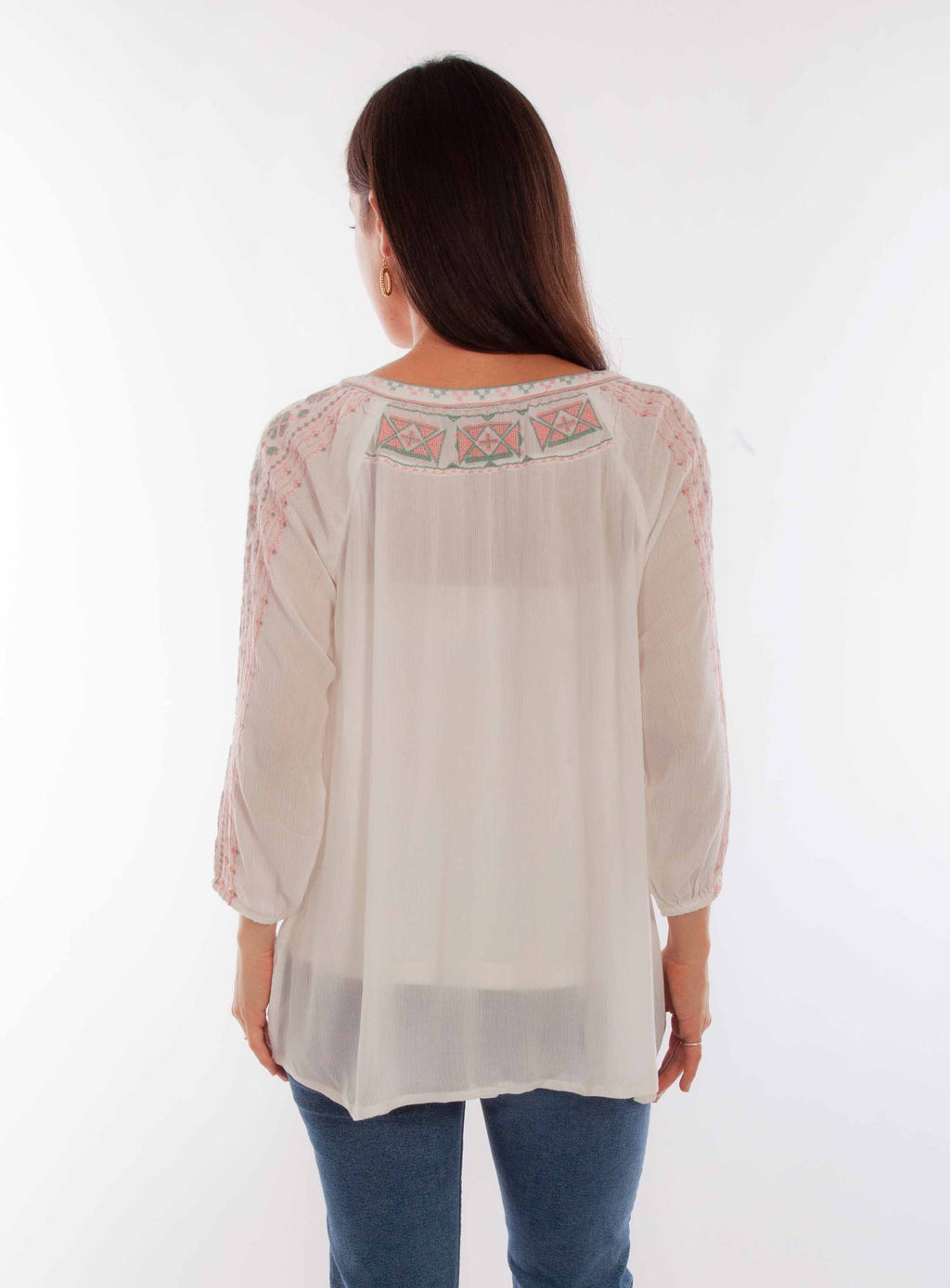 TIE FRONT PULL OVER EMB BLOUSE