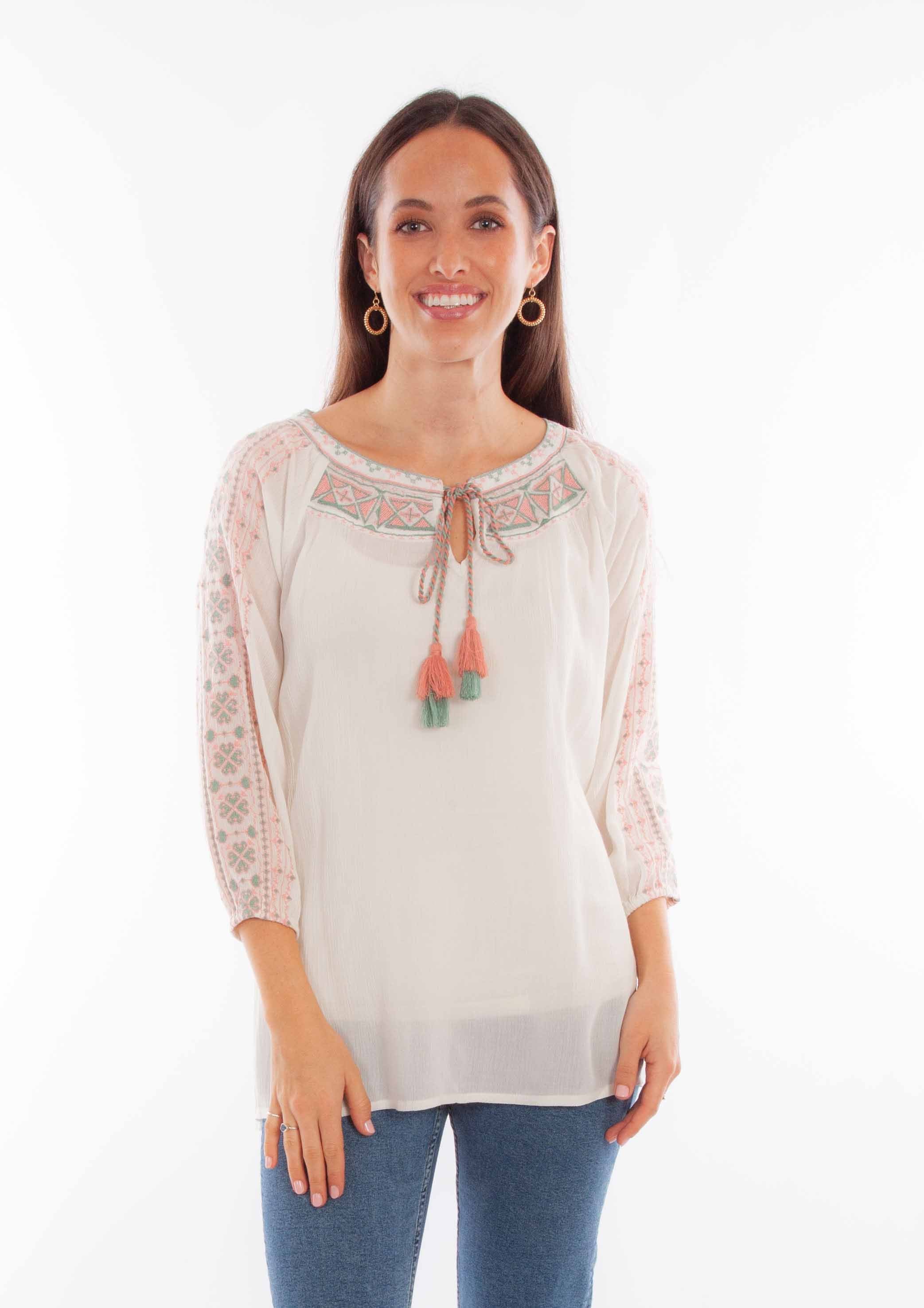 TIE FRONT PULL OVER EMB BLOUSE