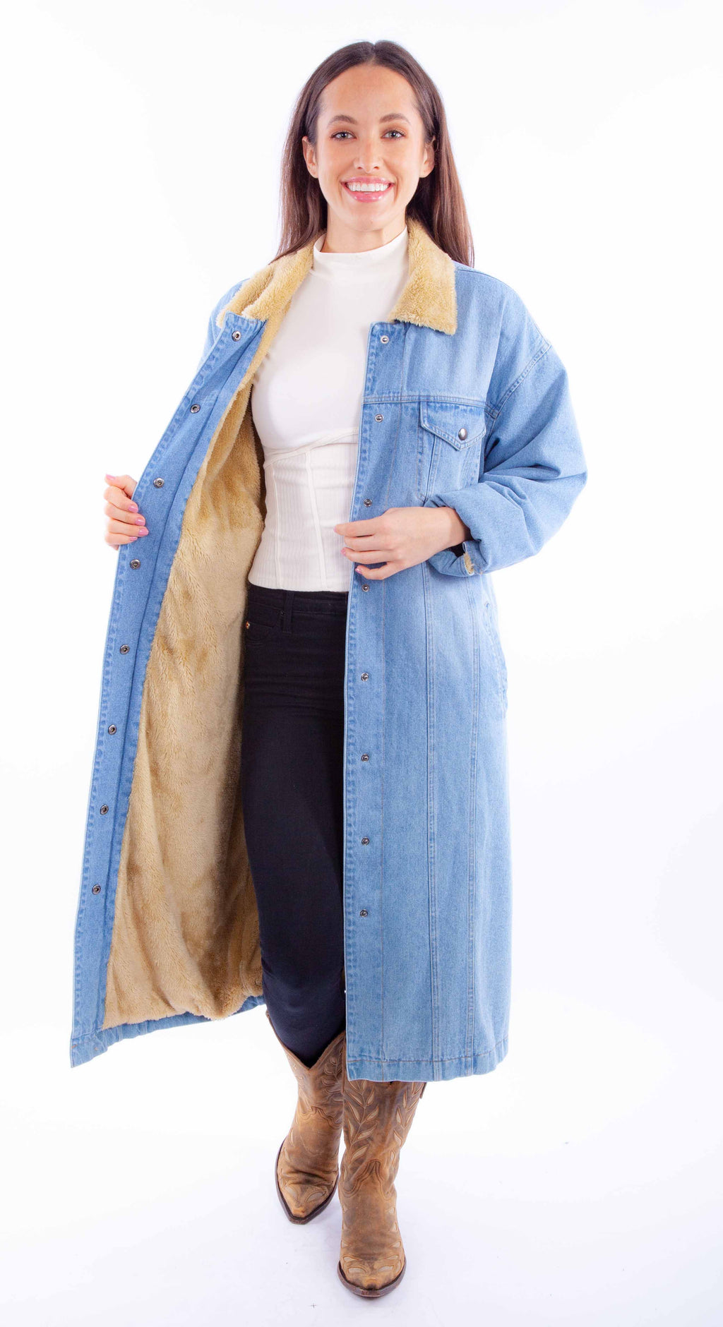LONG DENIM JACKET W/SHERPA LINING