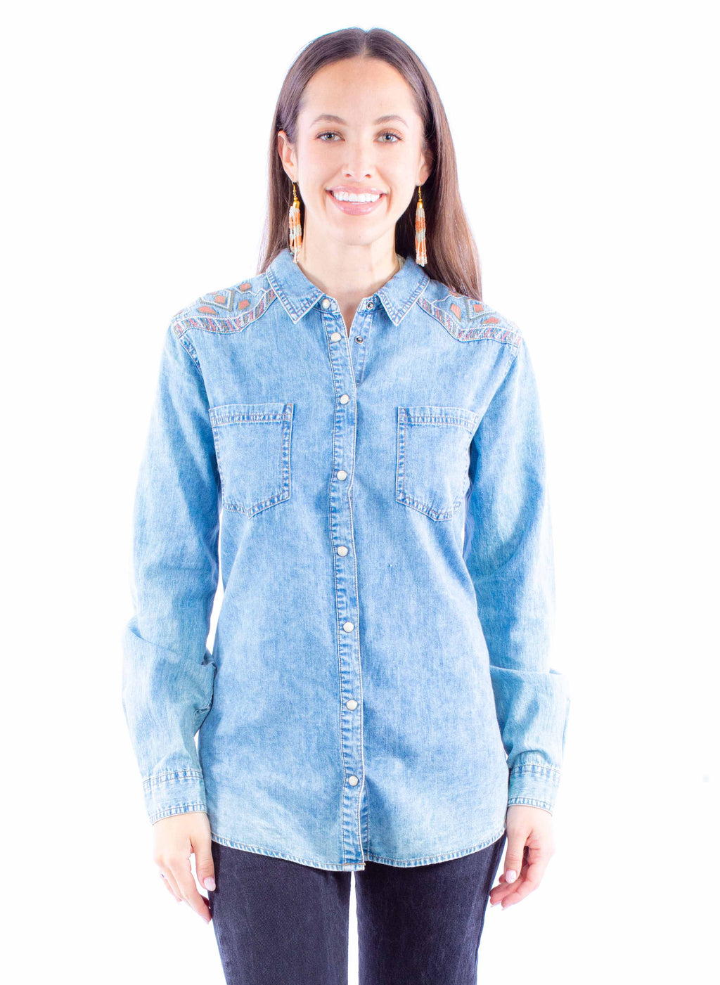 ACID WASH BLOUSE W/EMB YOKES