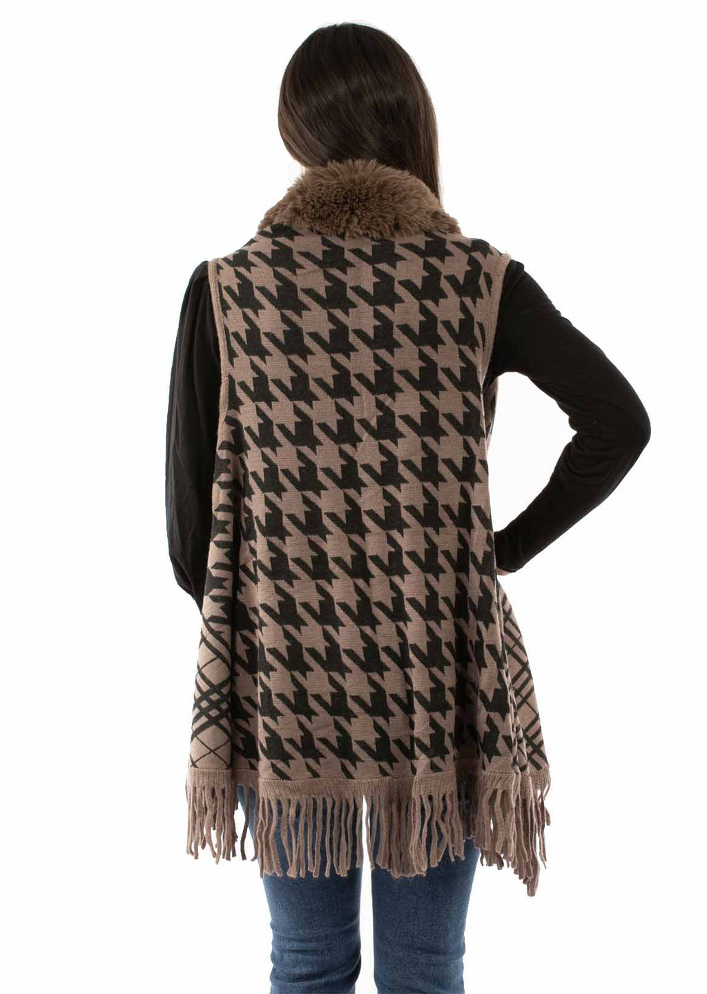 HOUNDSTOOTH FAUX FUR TRIM CARDIGAN