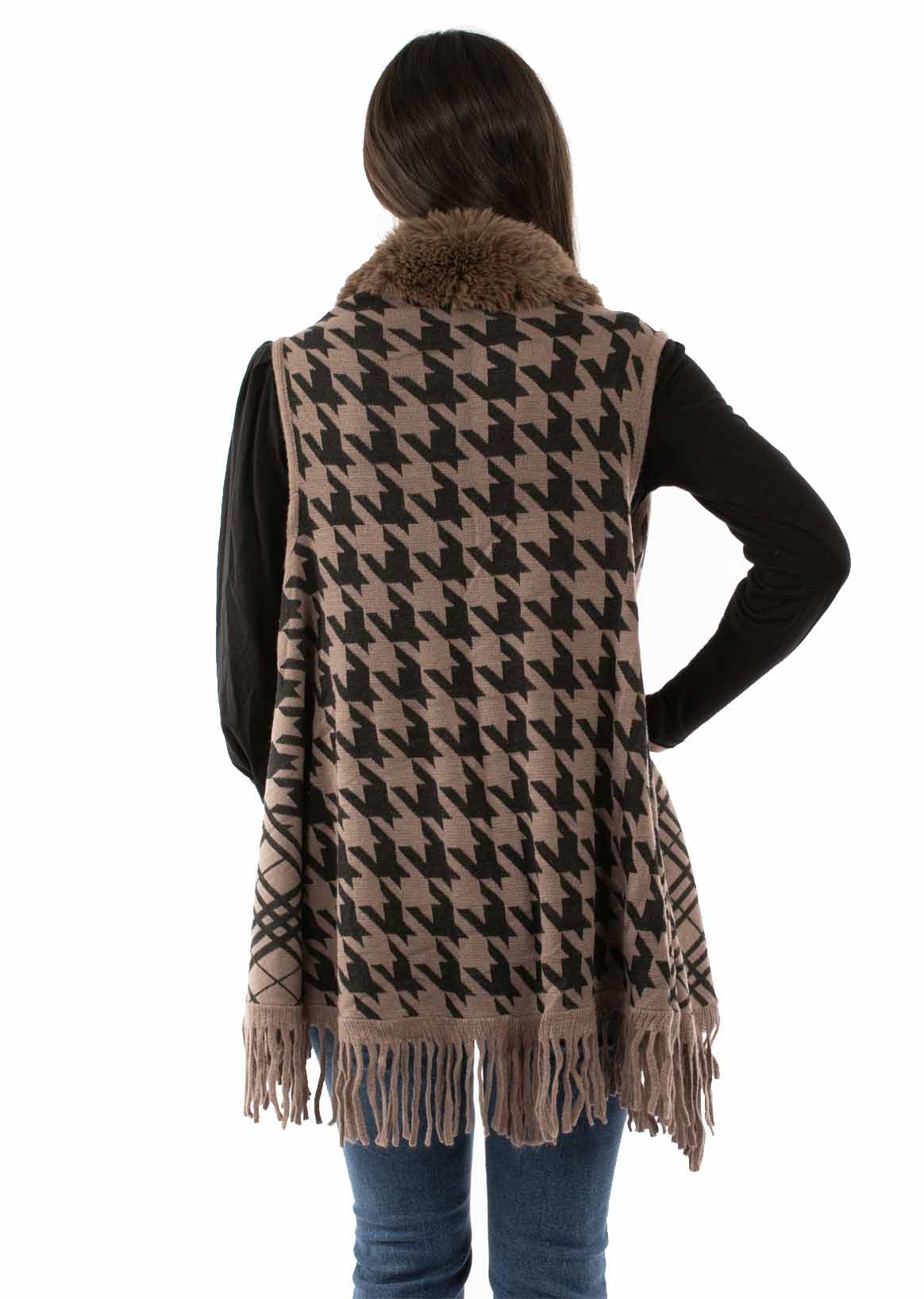 HOUNDSTOOTH FAUX FUR TRIM CARDIGAN