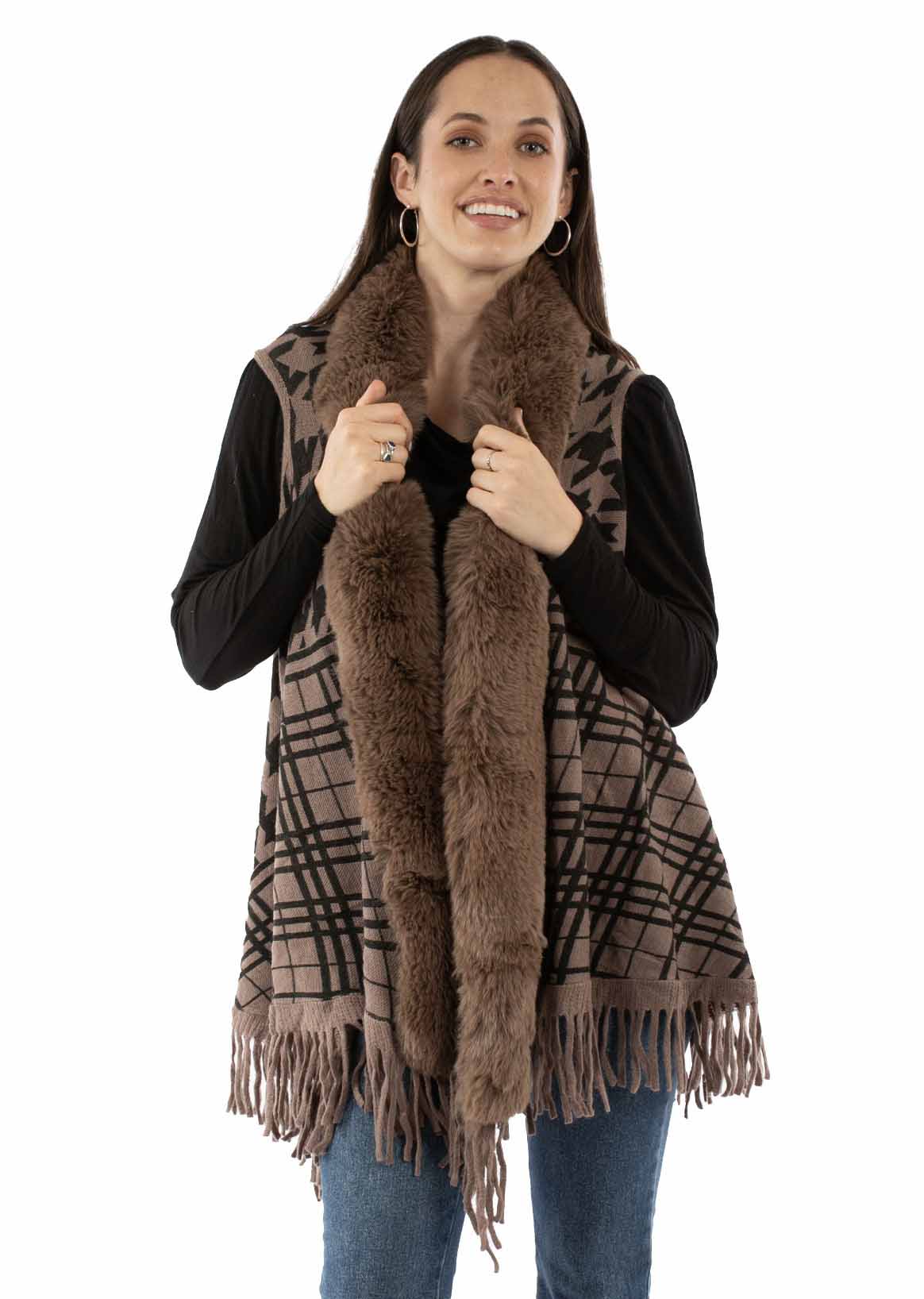 HOUNDSTOOTH FAUX FUR TRIM CARDIGAN