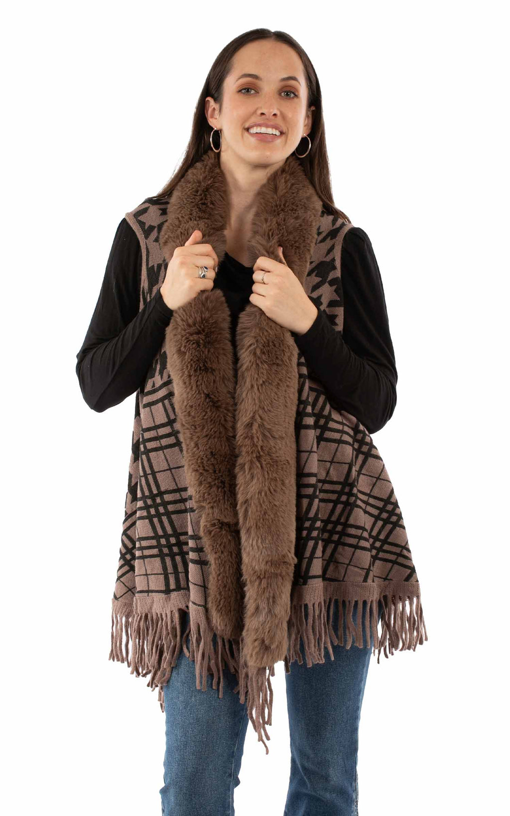 HOUNDSTOOTH FAUX FUR TRIM CARDIGAN