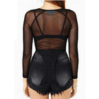 Hot New  Spring Summer Womens Long Sleeve Sexy Black Mesh Top T Shirts Transparent Punk Club Streetwear Tees Beach Tops