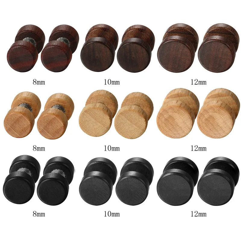 Boniskiss Men Earrings Stud 8/10mm/12mm Wood Dumbbell Barbell Earrings Double Sided Women Earring Body Piercing Boucle D'oreille