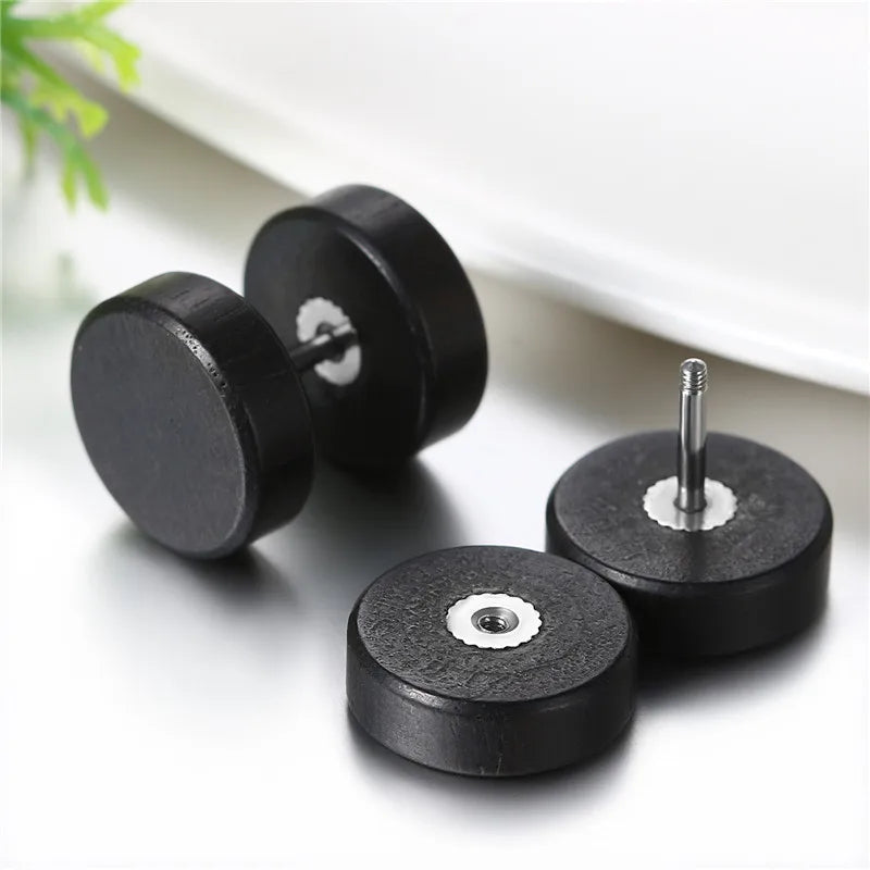 Boniskiss Men Earrings Stud 8/10mm/12mm Wood Dumbbell Barbell Earrings Double Sided Women Earring Body Piercing Boucle D'oreille