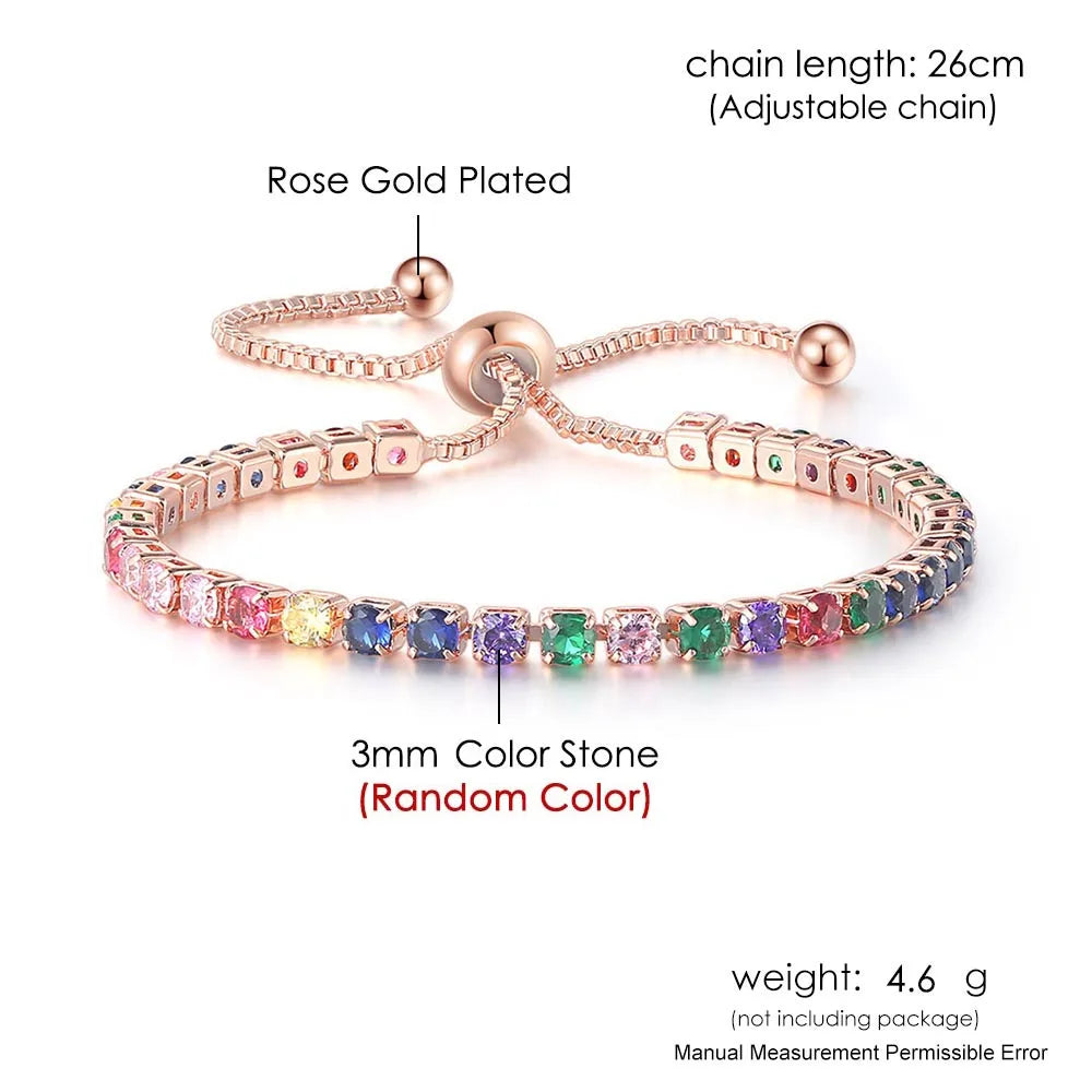 Adjustable Multicolor Tennis Bracelets for Women Ladies Wedding Rainbow Colorful Zircon Charm Bracelet Hand Chain Jewelry DZH043