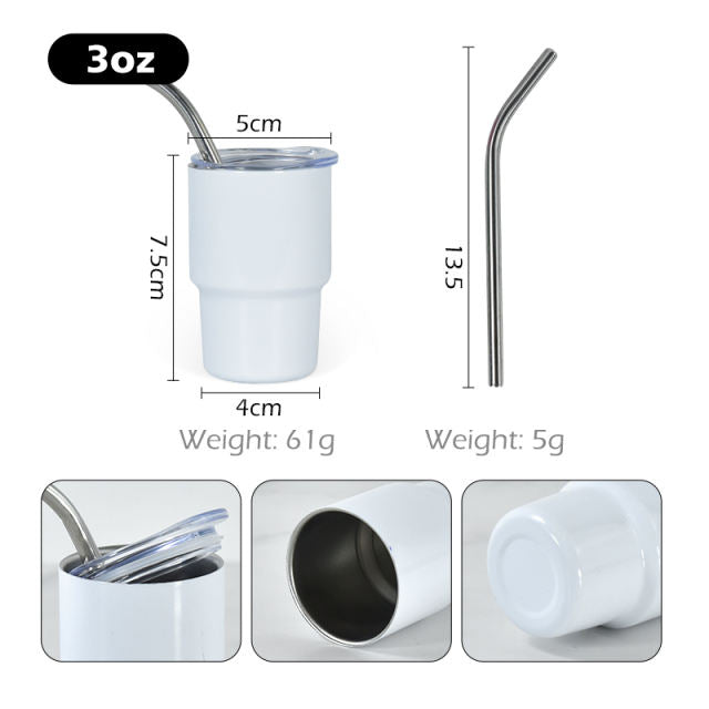 3oz DIY Blank Sublimation shot glass Tumbler double insulated with stainless straw
