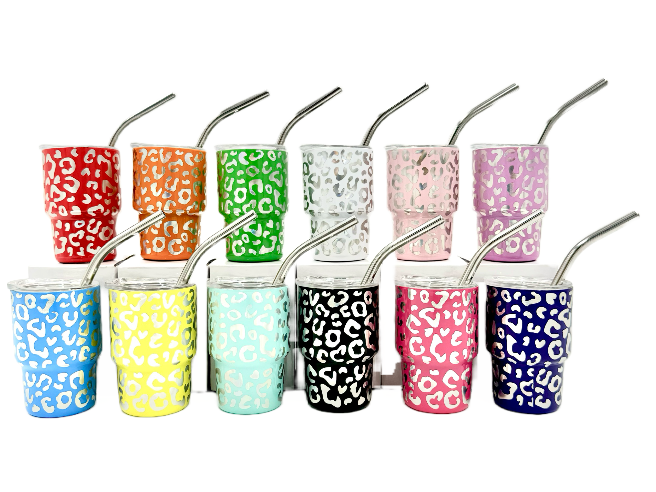 3oz Holographic laser etched cheetah Leopard shot glass Tumbler double insulated with stainless straw