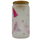 16oz Red Christmas Tree Xmas Glass Can Tumbler With Straw, rubber bottom & Bamboo Lid