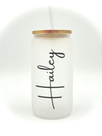 Personalized Name 16oz Sublimation Printed Glass Can Tumbler With Straw & Bamboo Lid