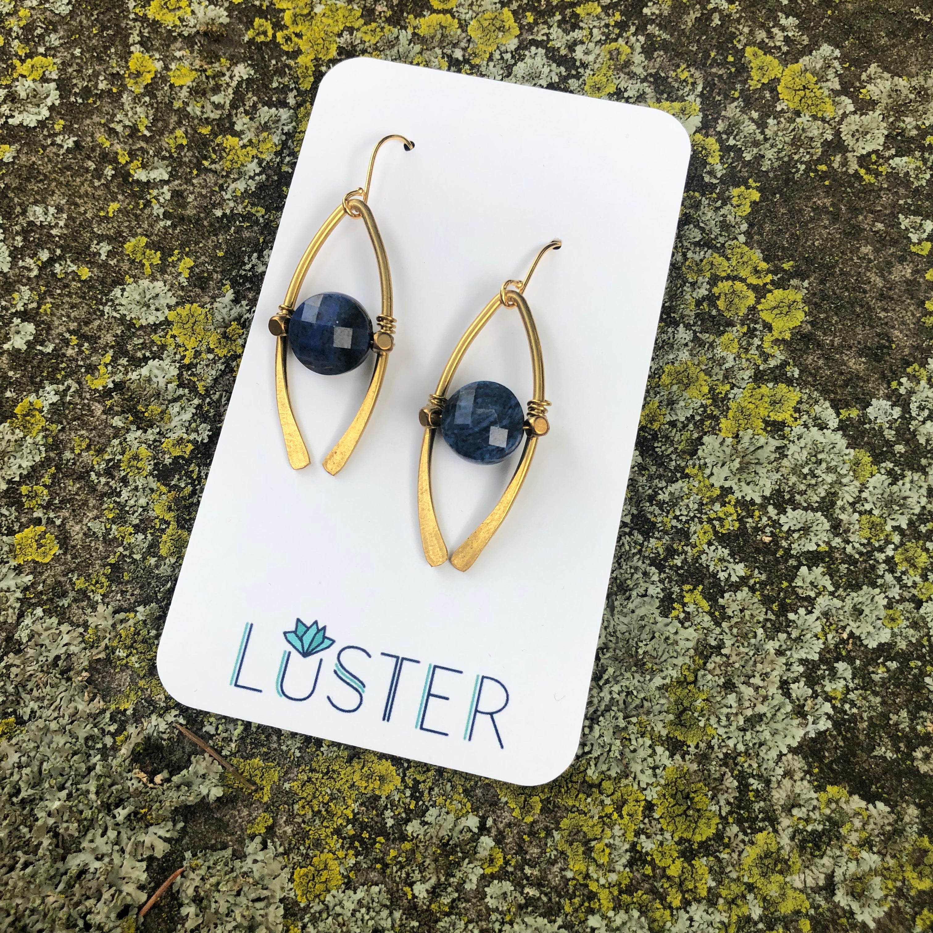 Brass Horseshoe + Dumortierite Earrings