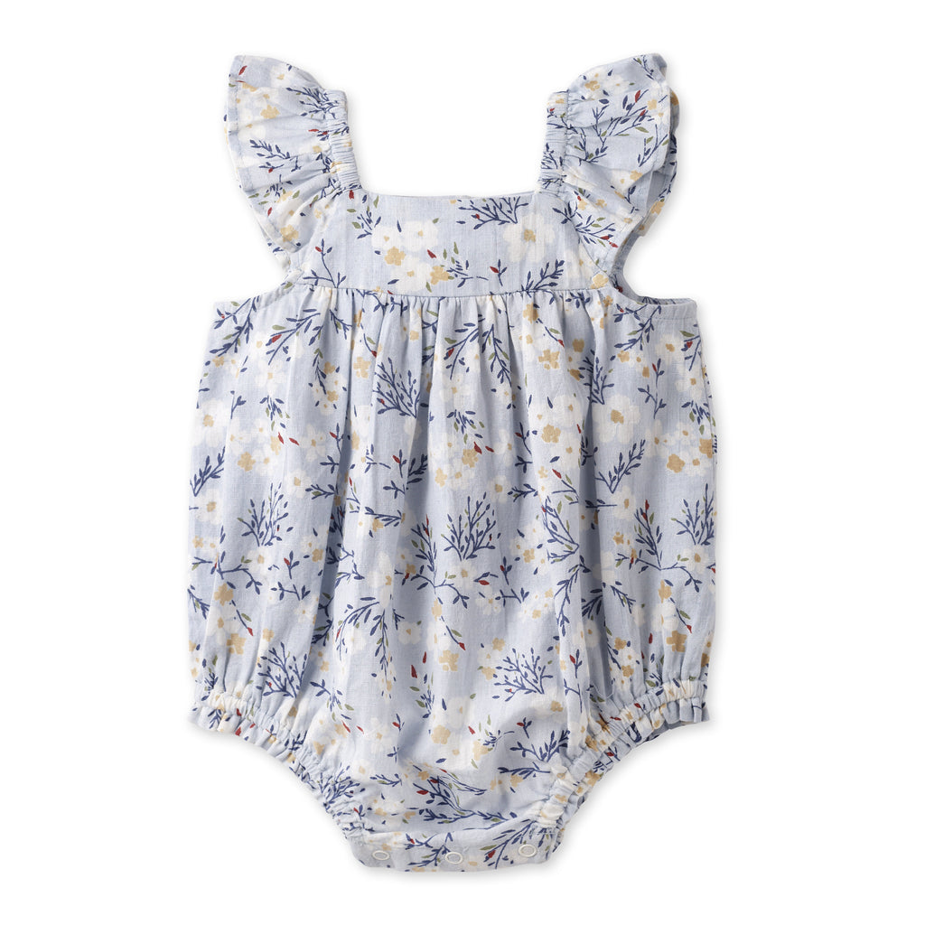 Baby Girl Blue Floral Bubble Romper – Cotton Linen  3-6M