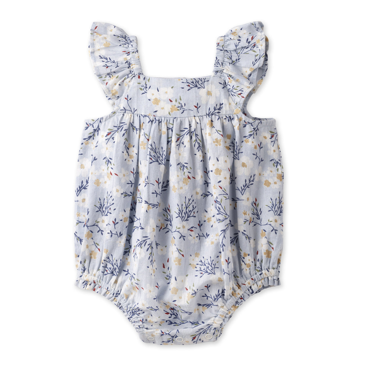 Baby Girl Blue Floral Bubble Romper – Cotton Linen  3-6M