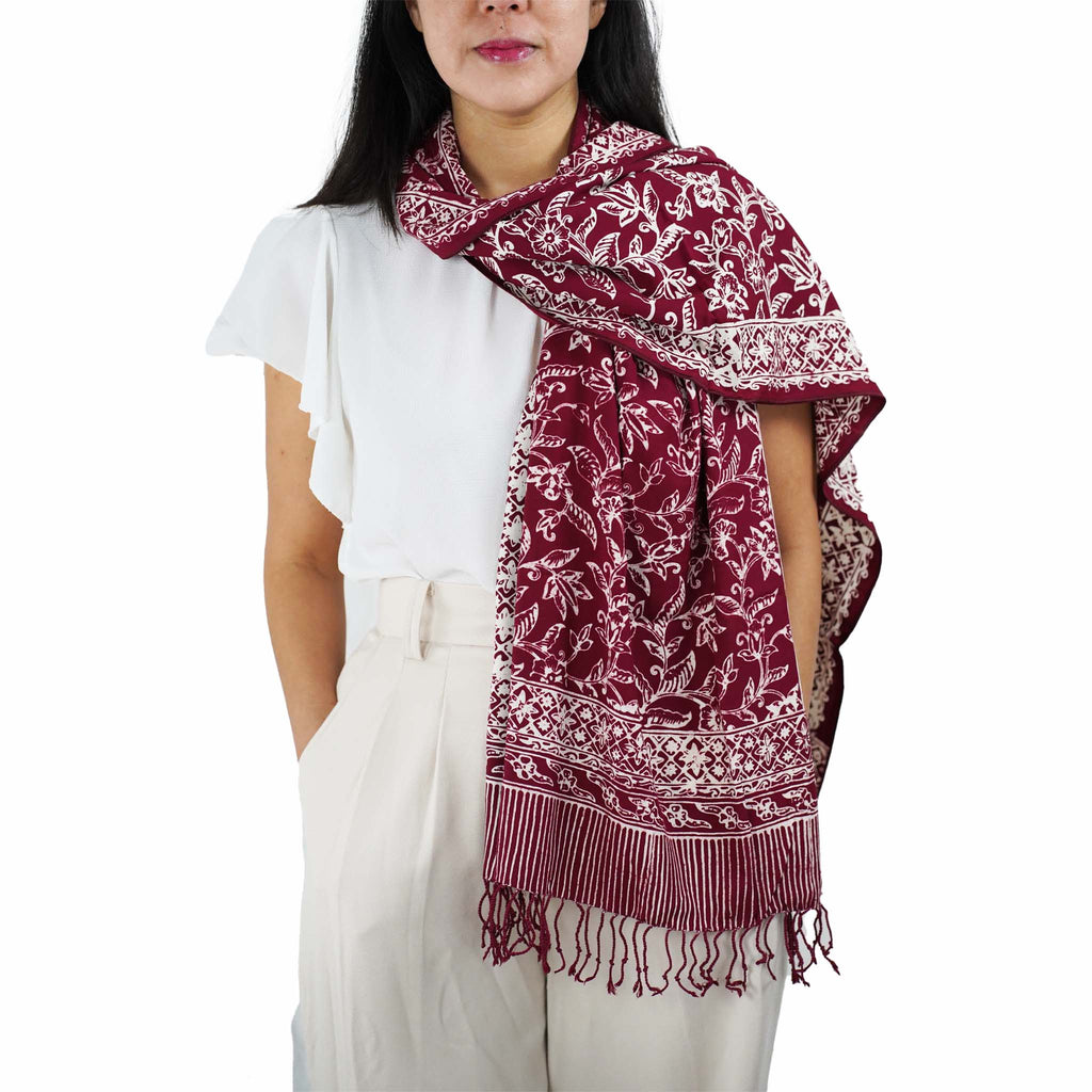 Handmade Batik Scarf, soft Cotton, Red White Cherish, Burgundy