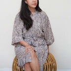 Hand Dyed Batik Robe Kimono, 100% Cotton, Gray, Silver Petals