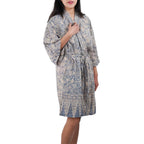 Hand Dyed Batik Robe Kimono, 100% Cotton, Gray, Silver Petals