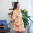 Hand Dyed Batik Robe Kimono, 100% Cotton Soft, Orange Pink Sunset Mosaic, Clementine