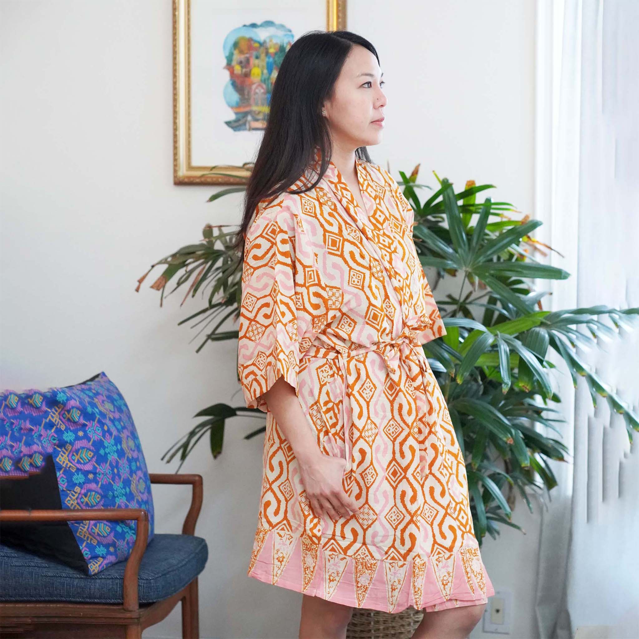 Hand Dyed Batik Robe Kimono, 100% Cotton Soft, Orange Pink Sunset Mosaic, Clementine