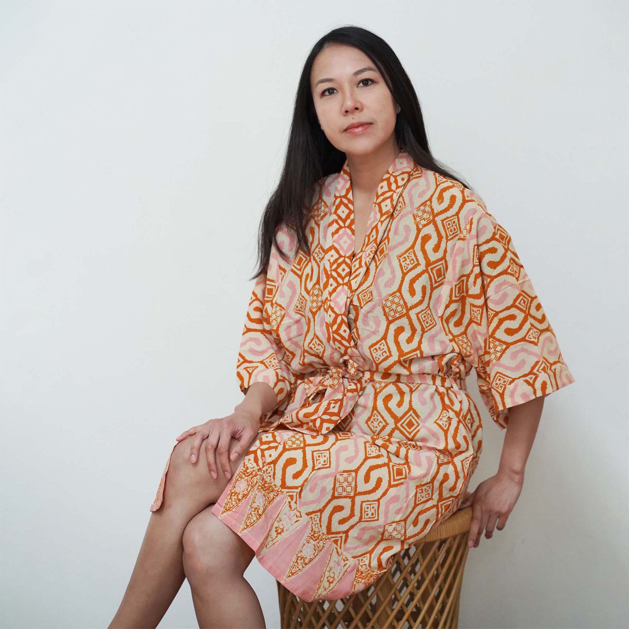 Hand Dyed Batik Robe Kimono, 100% Cotton Soft, Orange Pink Sunset Mosaic, Clementine