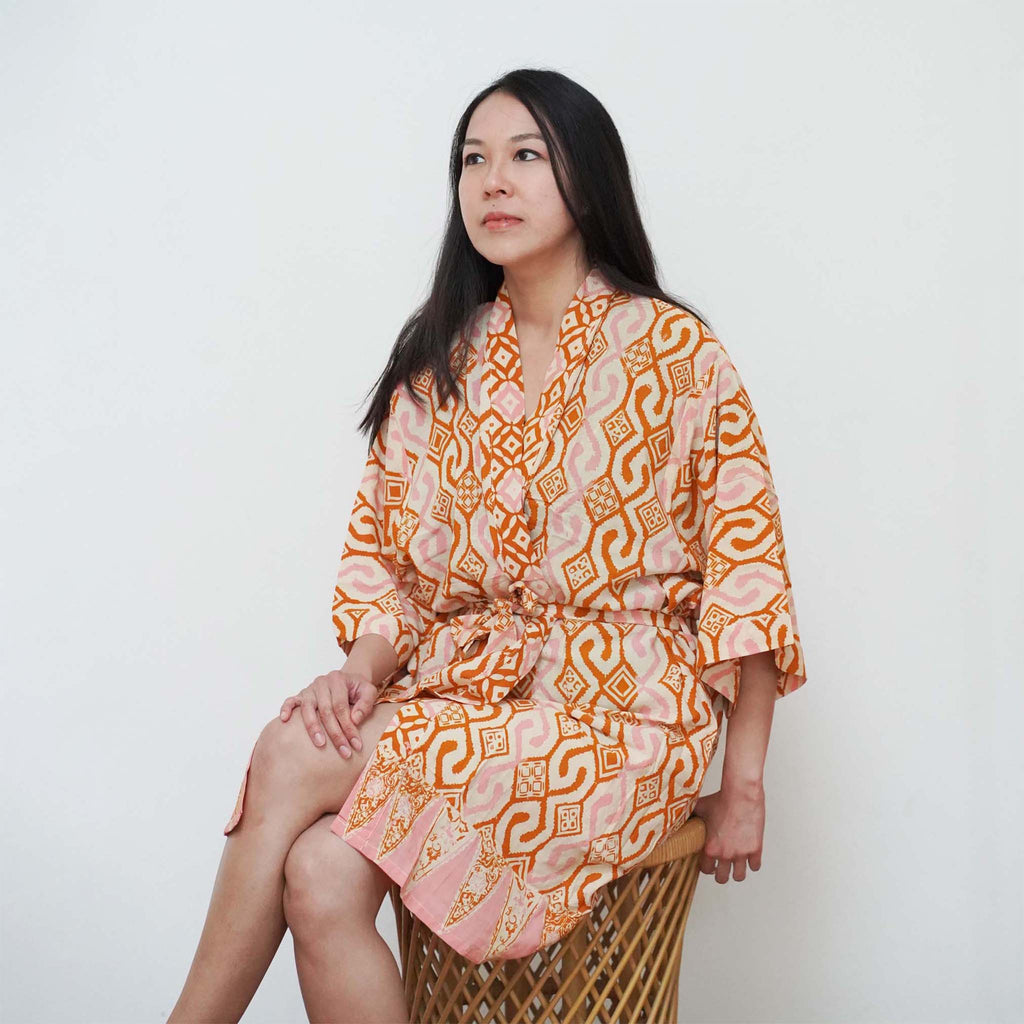 Hand Dyed Batik Robe Kimono, 100% Cotton Soft, Orange Pink Sunset Mosaic, Clementine