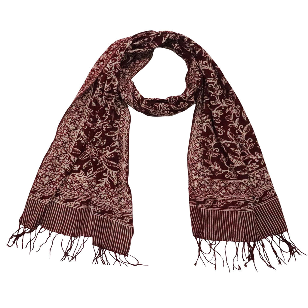 Handmade Batik Scarf, soft Cotton, Red White Cherish, Burgundy