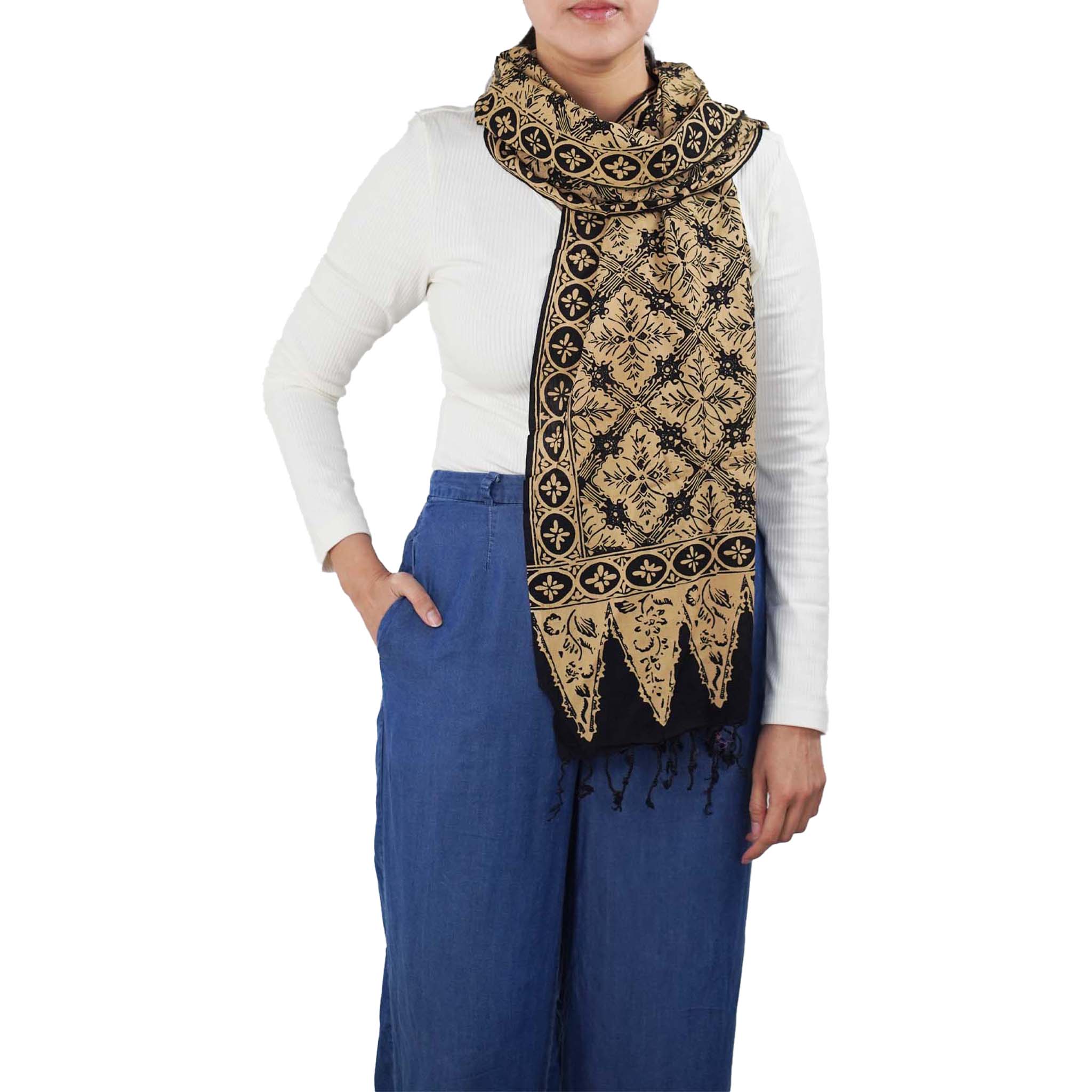 Handmade Batik Scarf, Black Brown Harvest, Hand Dyed, 100% Cotton