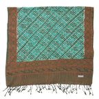 Handmade Batik Scarf, soft Cotton, Leaf Grid, Green, Leaves, Vines, Cream