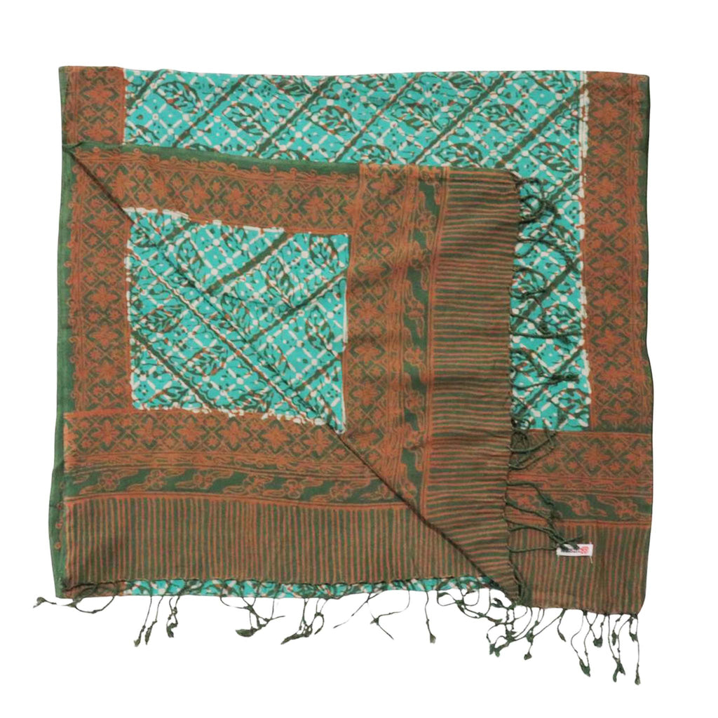 Handmade Batik Scarf, soft Cotton, Leaf Grid, Green, Leaves, Vines, Cream