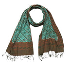 Handmade Batik Scarf, soft Cotton, Leaf Grid, Green, Leaves, Vines, Cream