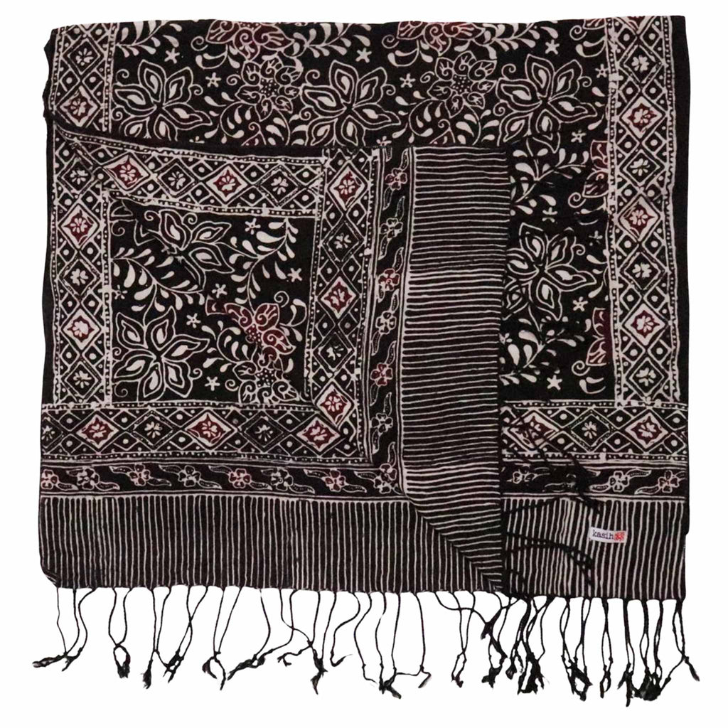 Hand Dyed Batik Scarf, 100% Cotton Fabric, Black Red Floral Star