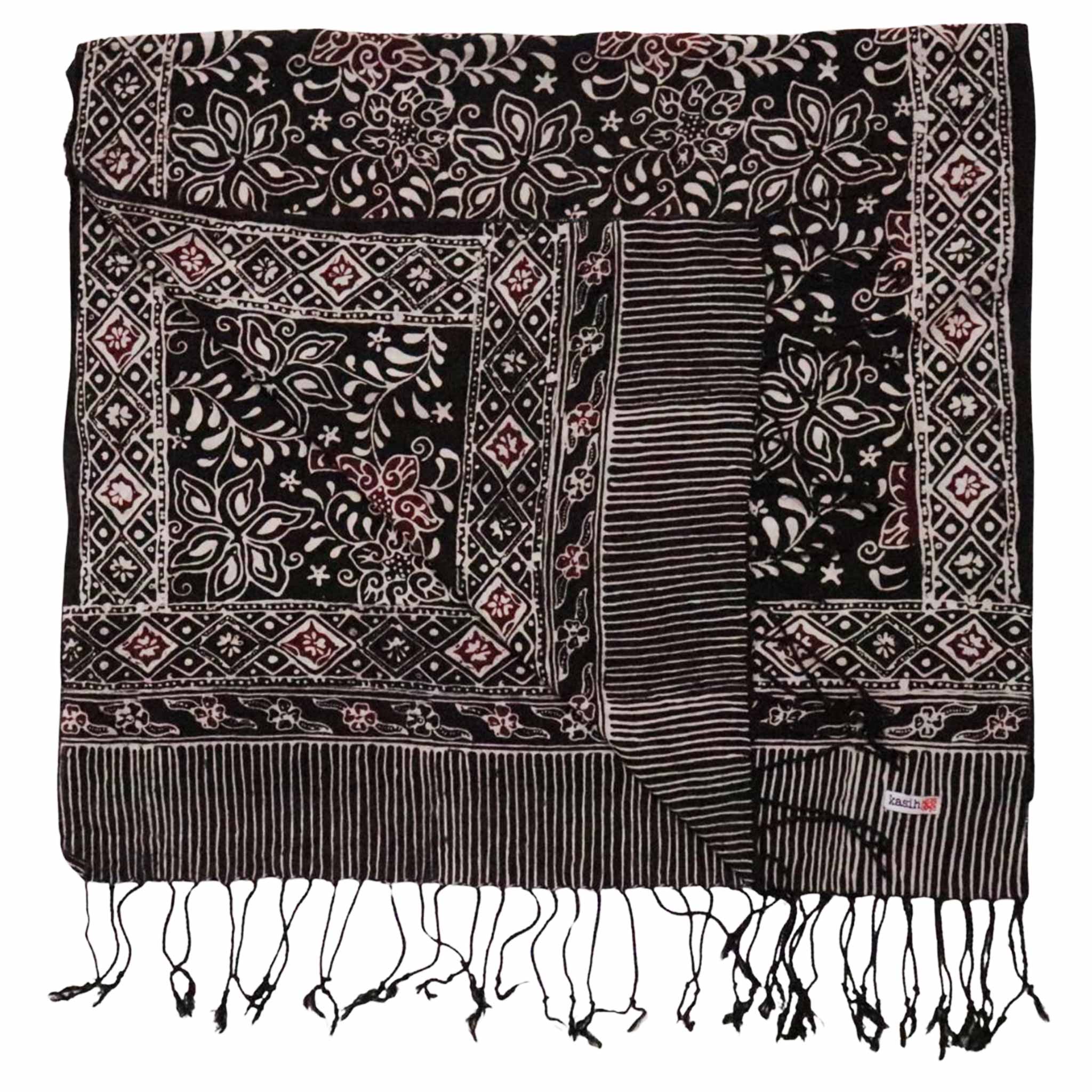 Hand Dyed Batik Scarf, 100% Cotton Fabric, Black Red Floral Star