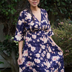 Kasih Co-op Dress Blue Trumpet Sleeve Over the Knee with White and Pink Floral Pattern