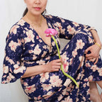 Kasih Co-op Dress Blue Trumpet Sleeve Over the Knee with White and Pink Floral Pattern