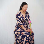 Kasih Co-op Dress Blue Trumpet Sleeve Over the Knee with White and Pink Floral Pattern