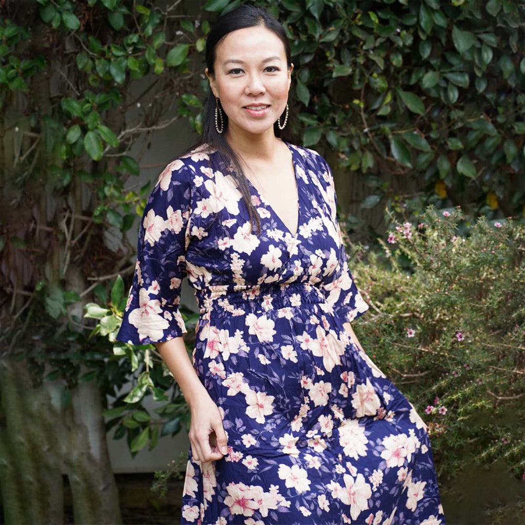 Kasih Co-op Dress Blue Trumpet Sleeve Over the Knee with White and Pink Floral Pattern