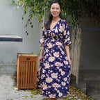 Kasih Co-op Dress Blue Trumpet Sleeve Over the Knee with White and Pink Floral Pattern