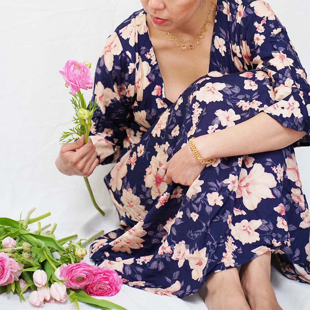 Kasih Co-op Dress Blue Trumpet Sleeve Over the Knee with White and Pink Floral Pattern