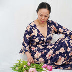 Kasih Co-op Dress Blue Trumpet Sleeve Over the Knee with White and Pink Floral Pattern