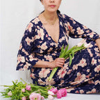 Kasih Co-op Dress Blue Trumpet Sleeve Over the Knee with White and Pink Floral Pattern