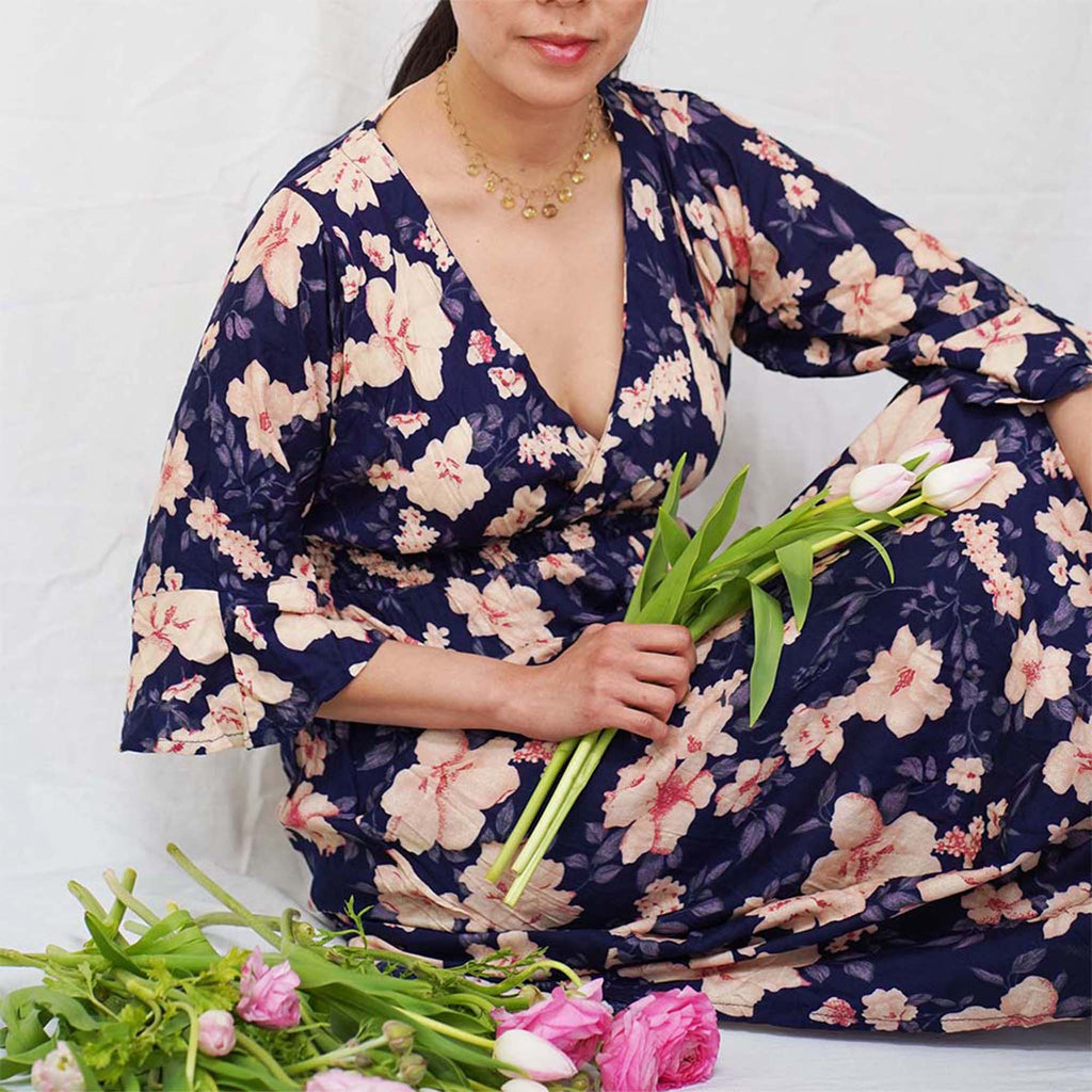 Kasih Co-op Dress Blue Trumpet Sleeve Over the Knee with White and Pink Floral Pattern