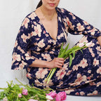 Kasih Co-op Dress Blue Trumpet Sleeve Over the Knee with White and Pink Floral Pattern