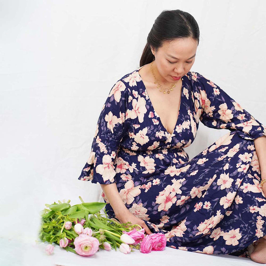 Kasih Co-op Dress Blue Trumpet Sleeve Over the Knee with White and Pink Floral Pattern
